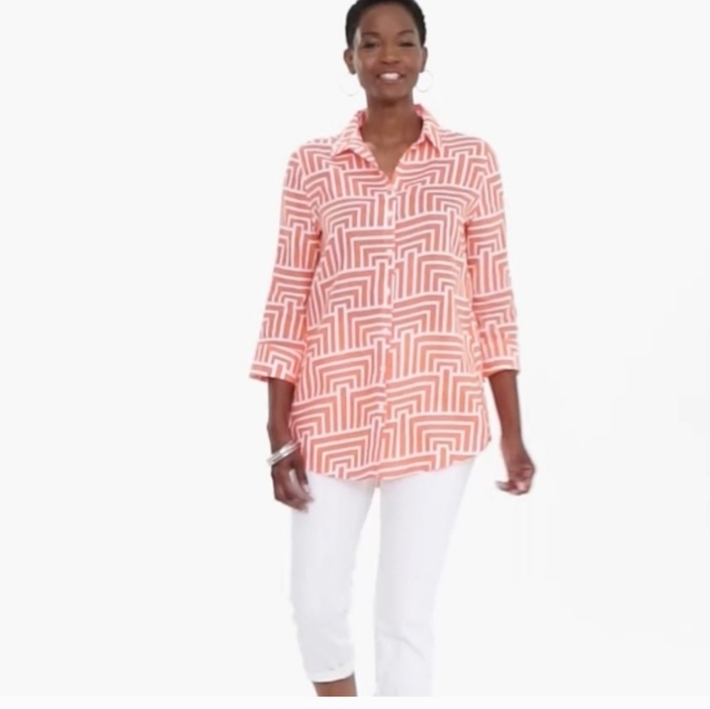 Chico's Linen Geometric Enamel Maze Loop-Back Tunic No Iron Coral Size 2 Large